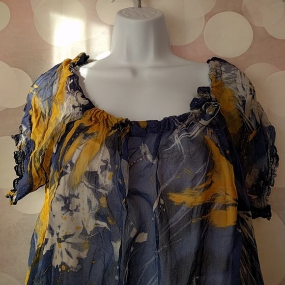 CALVIN KLEIN blue yellow chiffon underlay top blouse S - Picture 3 of 6